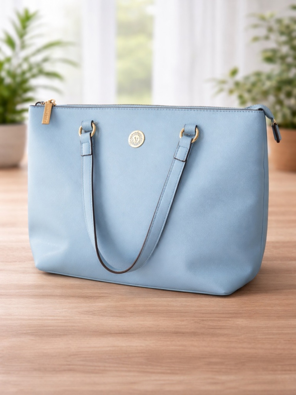 Anne Klein Light Blue Tote Bag Saffiano Style Gold Hardware Zip Top NWOT